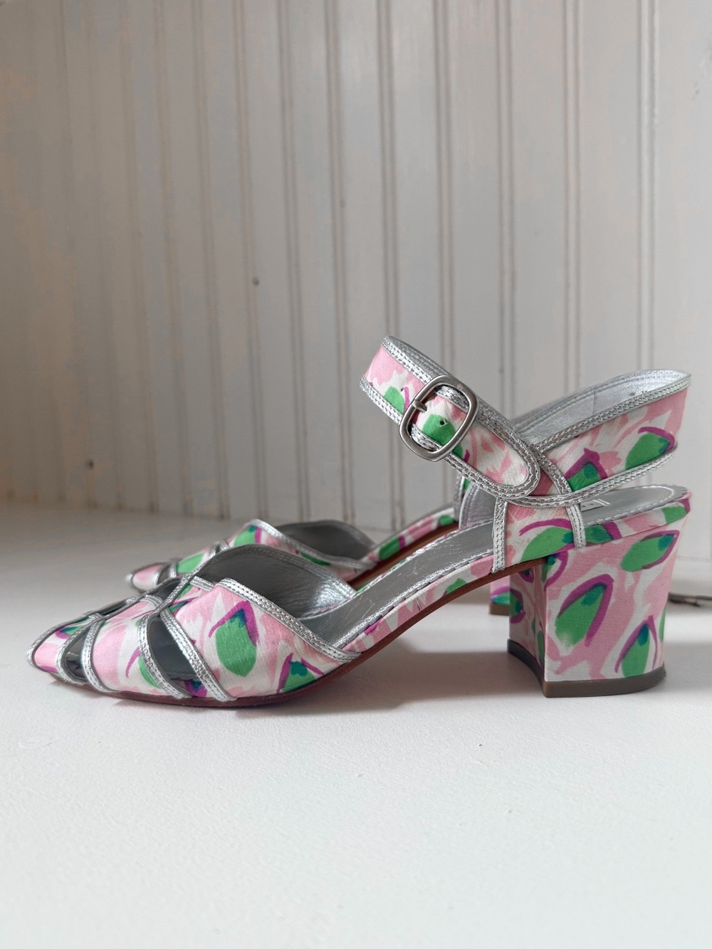 Anthropologie Leifsdottir Floral Metallic Block Heel Sandals